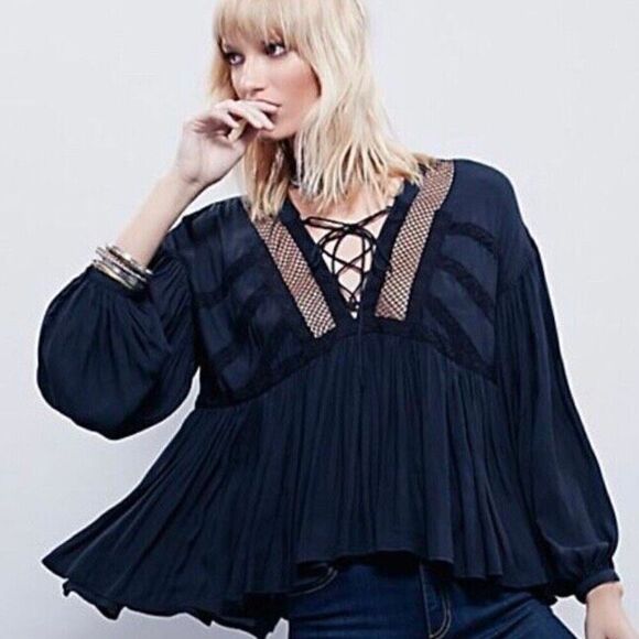 Free People 'Don't Let Go' Peasant Top black Goth fishnet vampire corset size S - Picture 1 of 8